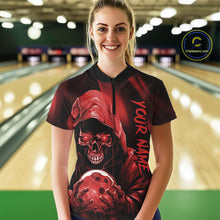 Load image into Gallery viewer, Red Bowling Grim Reaper Custom Women Bowling Quarter-Zip Shirts Skull Bowling Jerseys IPHW10696