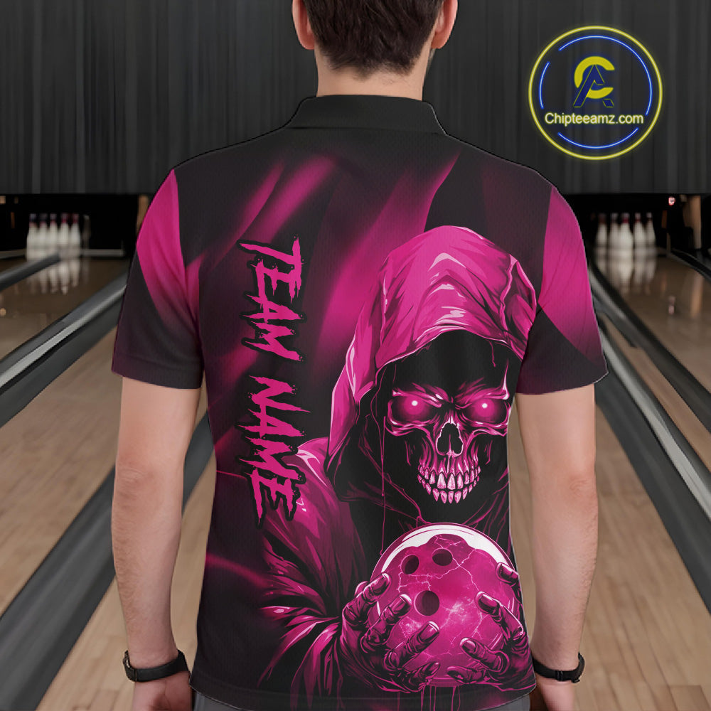 Pink Bowling Grim Reaper Custom Men Bowling Polo Shirts Skull Bowling Team Jerseys IPHW10697