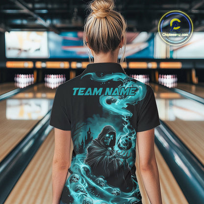 Custom Grim Reaper Bowling Polo Shirts For Women, Teal Blue Flame Skull Halloween Design IPHW9082