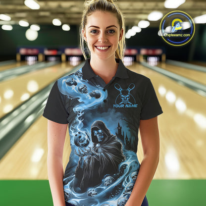 Custom Grim Reaper Bowling Polo Shirts For Women, Mid Blue Flame Skull Halloween Design IPHW9083