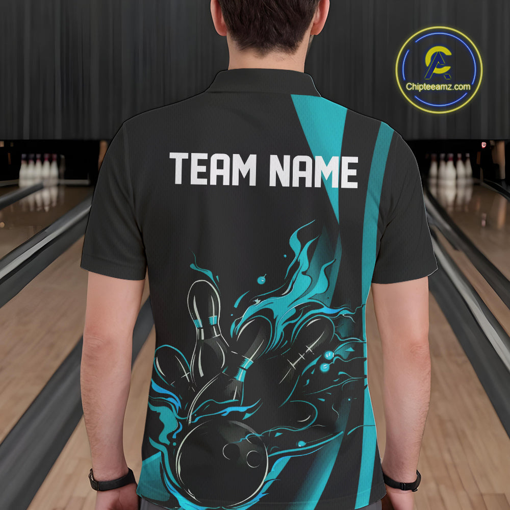 Custom Teal Blue Flame Bowling Polo Shirts For Men, Striking Fire Jerseys Team Uniform IPHW9085