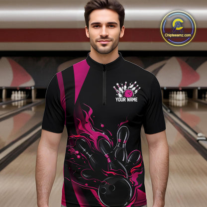 Custom Pink Flame Bowling Quarter-Zip Shirts For Men, Striking Fire Jerseys Team Uniform IPHW9086