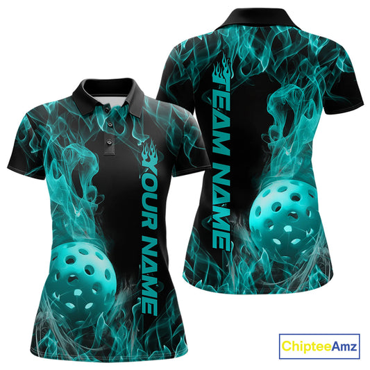 Custom Blue Flame Pickleball Polo Shirts For Women, Fire Pickleball Jerseys Team Uniform IPHW9088