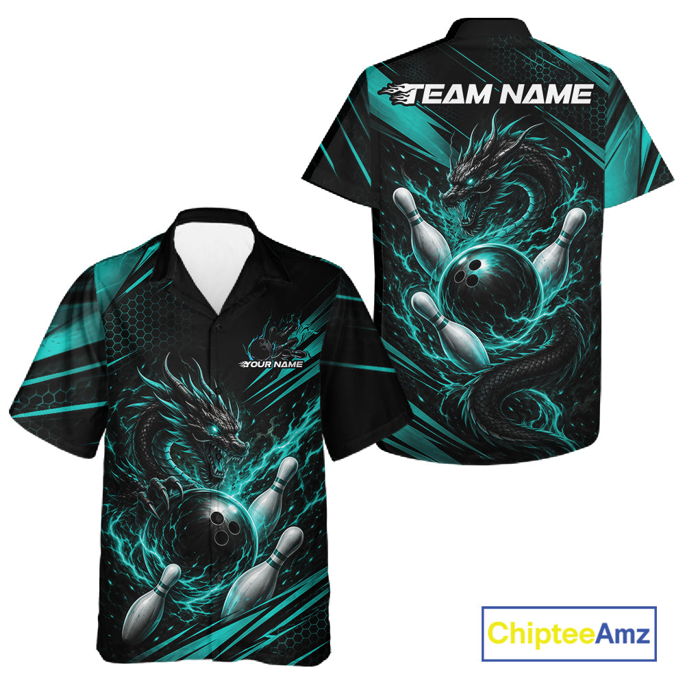 Custom Turquoise Blue Flame Dragon Bowling Jersey, Dragon Bowling Men And Women Button Up Shirt IPHW11834