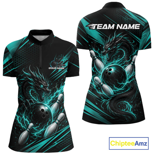 Custom Turquoise Blue Flame Dragon Bowling Jersey, Bowling Women Quarter-Zip Shirt IPHW11834
