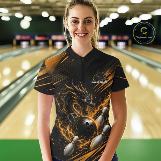 Custom Yellow Flame Dragon Bowling Jersey, Dragon Bowling Women Quarter-Zip Shirt IPHW11835