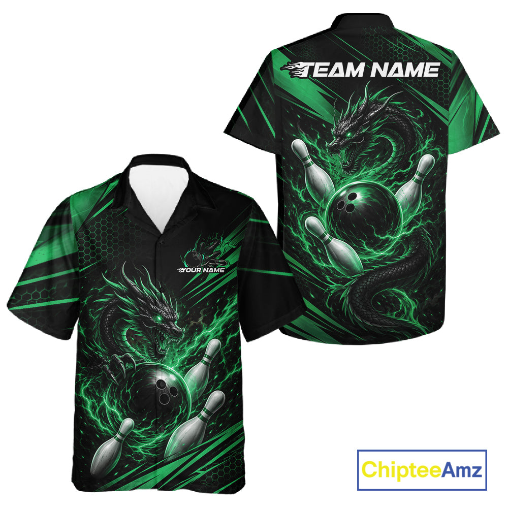 Custom Black And Green Flame Dragon Bowling Jersey, Dragon Bowling Men And Women Button Up Shirt IPHW11836