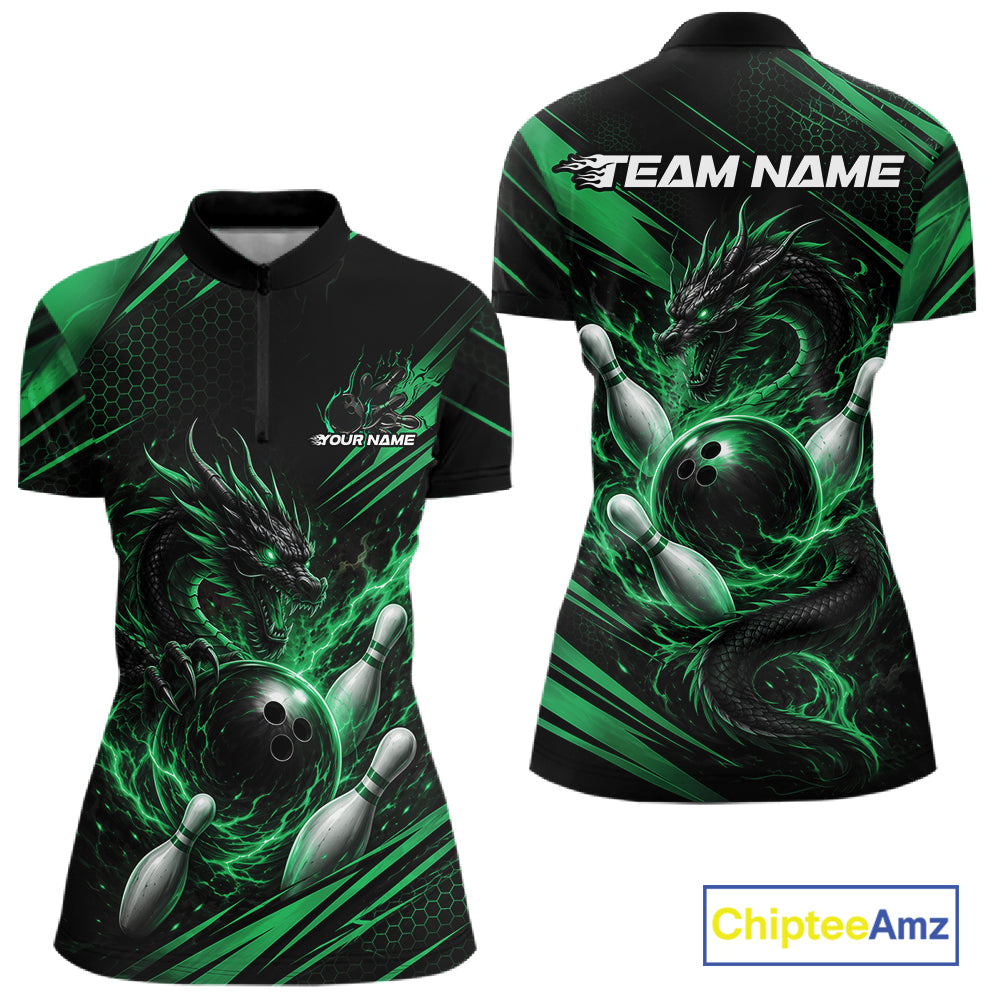 Custom Green Flame Dragon Bowling Jersey, Dragon Bowling Women Quarter-Zip Shirt IPHW11836