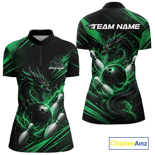 Custom Green Flame Dragon Bowling Jersey, Dragon Bowling Women Quarter-Zip Shirt IPHW11836
