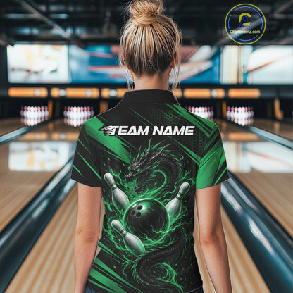 Custom Green Flame Dragon Bowling Jersey, Dragon Bowling Women Quarter-Zip Shirt IPHW11836