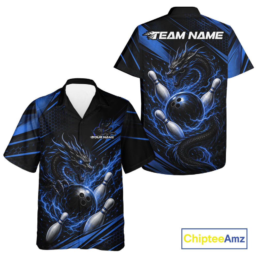 Custom Black And Blue Flame Dragon Bowling Jersey, Dragon Bowling Men And Women Button Up Shirt IPHW11837
