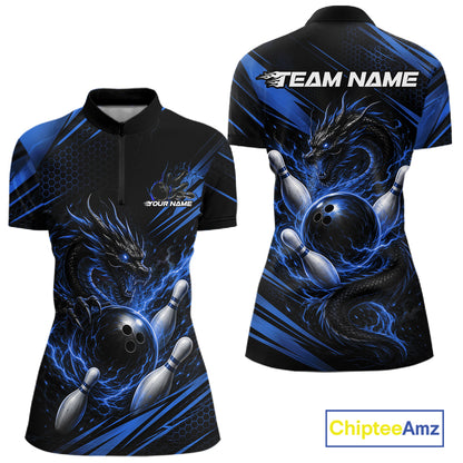 Custom Blue Flame Dragon Bowling Jersey, Dragon Bowling Women Quarter-Zip Shirt IPHW11837