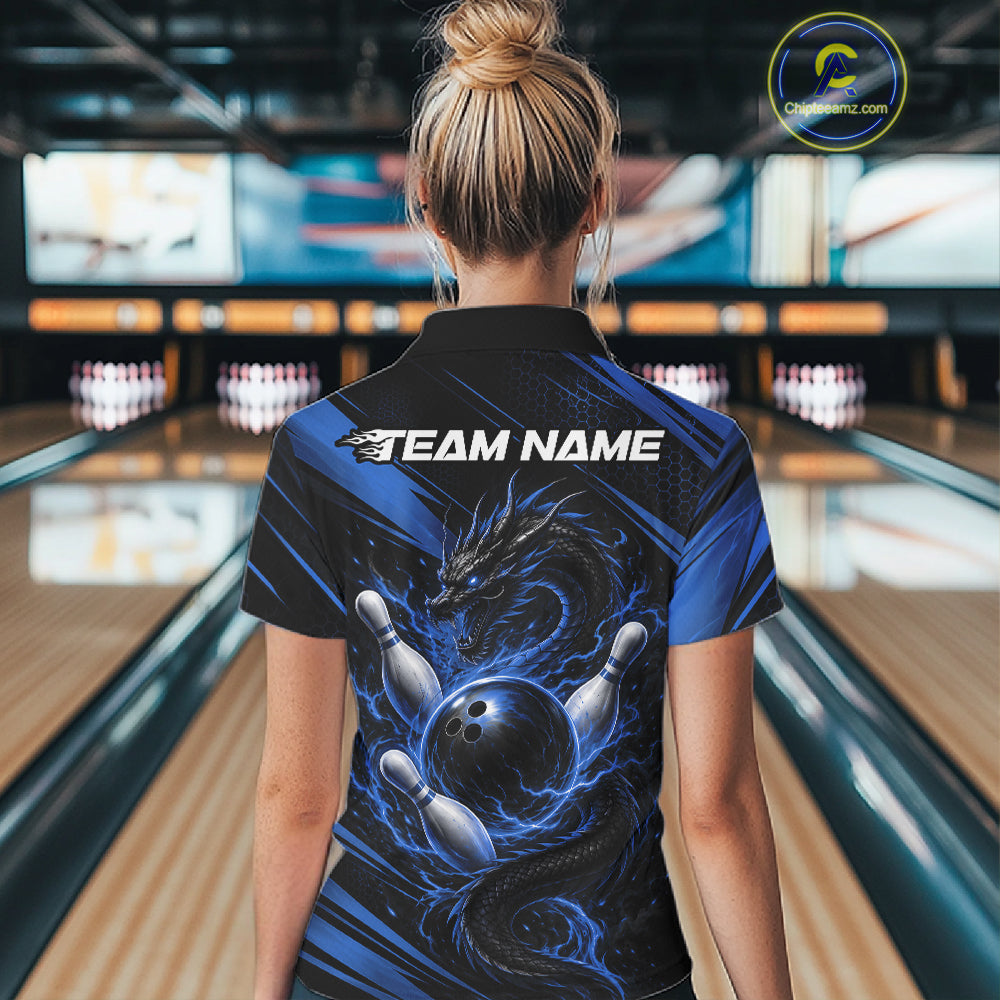 Custom Blue Flame Dragon Bowling Jersey, Dragon Bowling Women Quarter-Zip Shirt IPHW11837