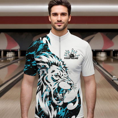 Custom Blue Camo Lion Bowling Team Quarter-Zip Shirts For Men, Lion Bowling League Shirt IPHW8856