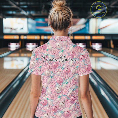 Custom Pastel Blue And Pink Butterfly Bowling Women Polo Shirt, Ladies Outfit IPHW10930