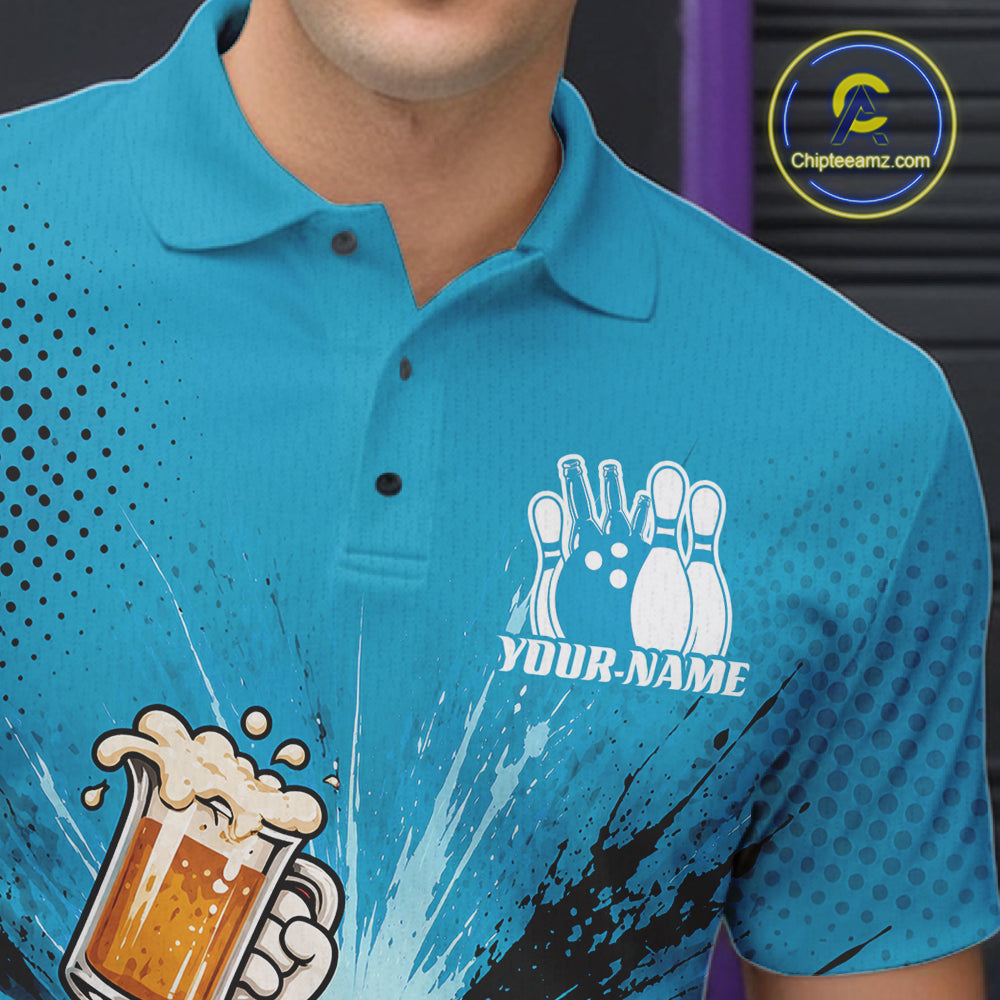 Custom Funny Beer Pitcher Bowling Men Polo Shirt, Blue Bowling Party Shirt IPHW11854