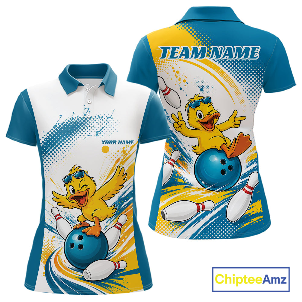 Custom Funny Yellow Duck Bowling Team Women Polo Shirt, Playful Bowling Jersey IPHW11859
