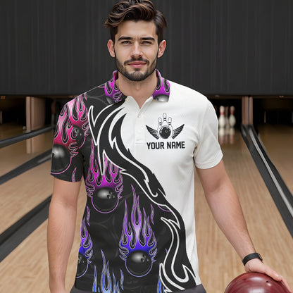 Blue Purple Pink Flame Ball Custom Bowling Team Men Polo Shirts, Fire Bowling League Shirt IPHW8866