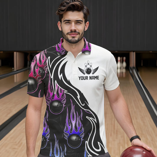 Blue Purple Pink Flame Ball Custom Bowling Team Men Polo Shirts, Fire Bowling League Shirt IPHW8866