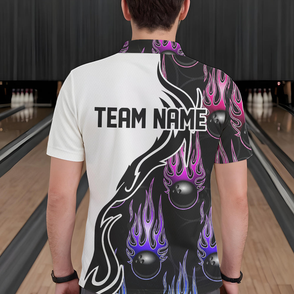 Blue Purple Pink Flame Ball Custom Bowling Team Men Polo Shirts, Fire Bowling League Shirt IPHW8866
