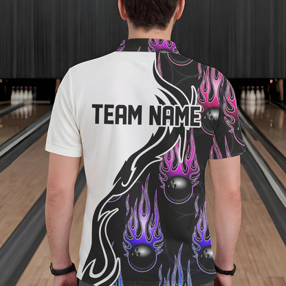 Blue Purple Pink Flame Ball Custom Bowling Team Men Polo Shirts, Fire Bowling League Shirt IPHW8866