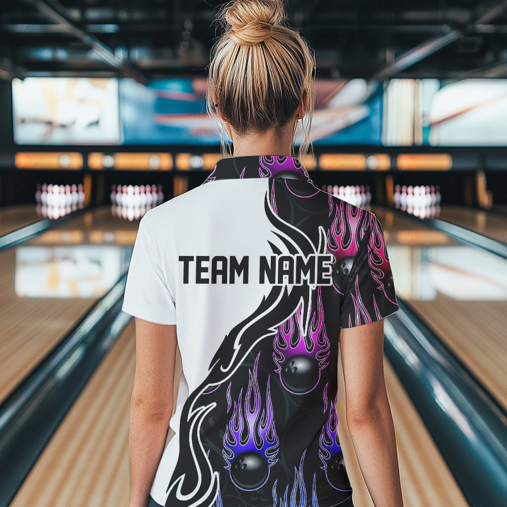 Blue Purple Pink Flame Ball Custom Bowling Women Quarter-Zip Shirts, Bowling League Shirt IPHW8866