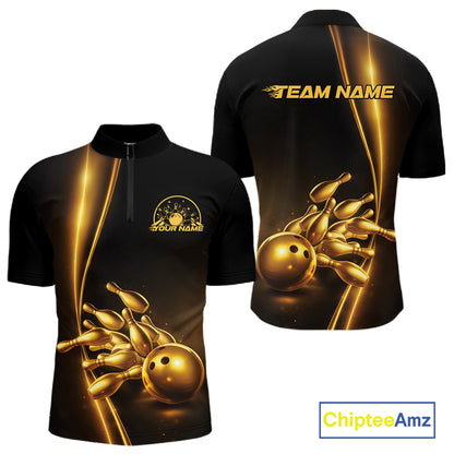 Front and back view of a mens black bowling quarter-zip shirt mockup showcasing golden bowling ball and pins design with elegant athletic graphics.
