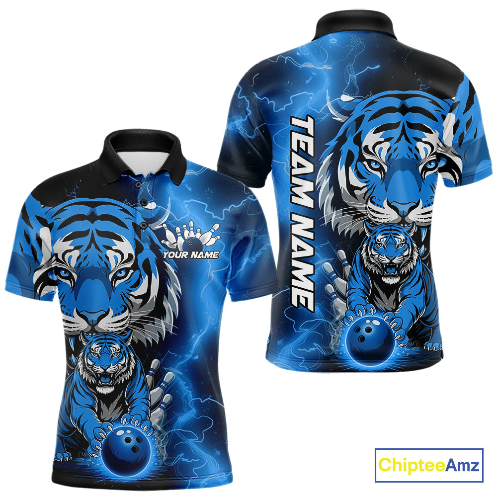 Custom Blue Thunder Lightning Tiger Bowling Polo Shirts For Men, Bowling Team Outfit IPHW9094