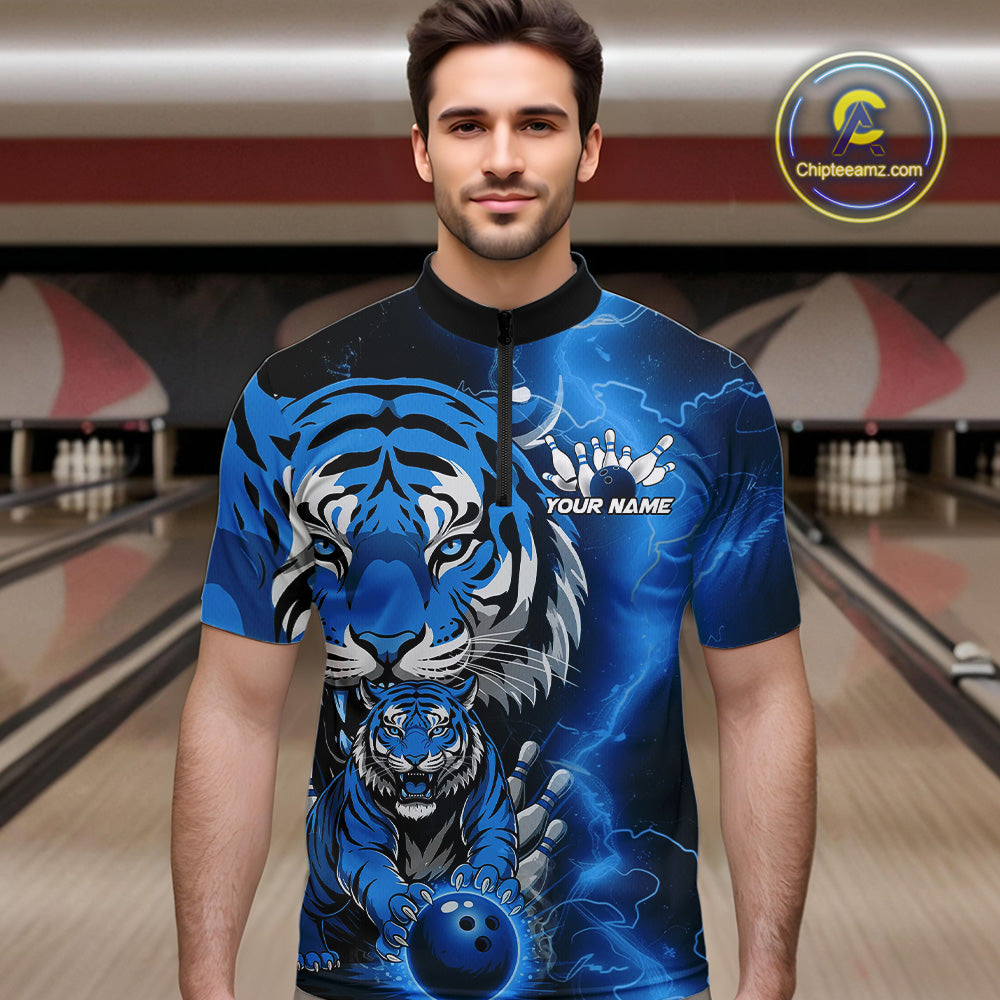 Custom Blue Thunder Lightning Tiger Bowling Quarter-Zip Shirts For Men, Bowling Team Outfit IPHW9094
