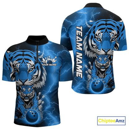Custom Blue Thunder Lightning Tiger Bowling Quarter-Zip Shirts For Men, Bowling Team Outfit IPHW9094