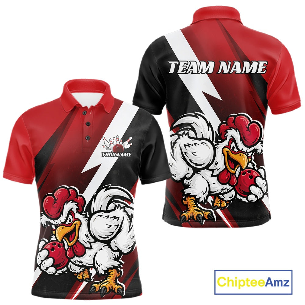 Custom short-sleeve polo shirt for men shown from the front and back, featuring a red, black, and white graphic design with a cartoon rooster holding red bowling pins. 