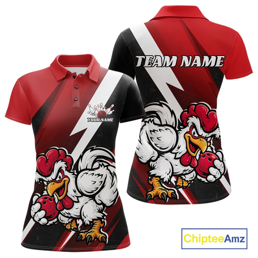 Front and back views of a red, black, and white custom athletic polo shirt featuring cartoon rooster graphics and 'TEAM NAME' placeholder text on the back, shown on a white background with a ChipteeAmz logo in the corner.