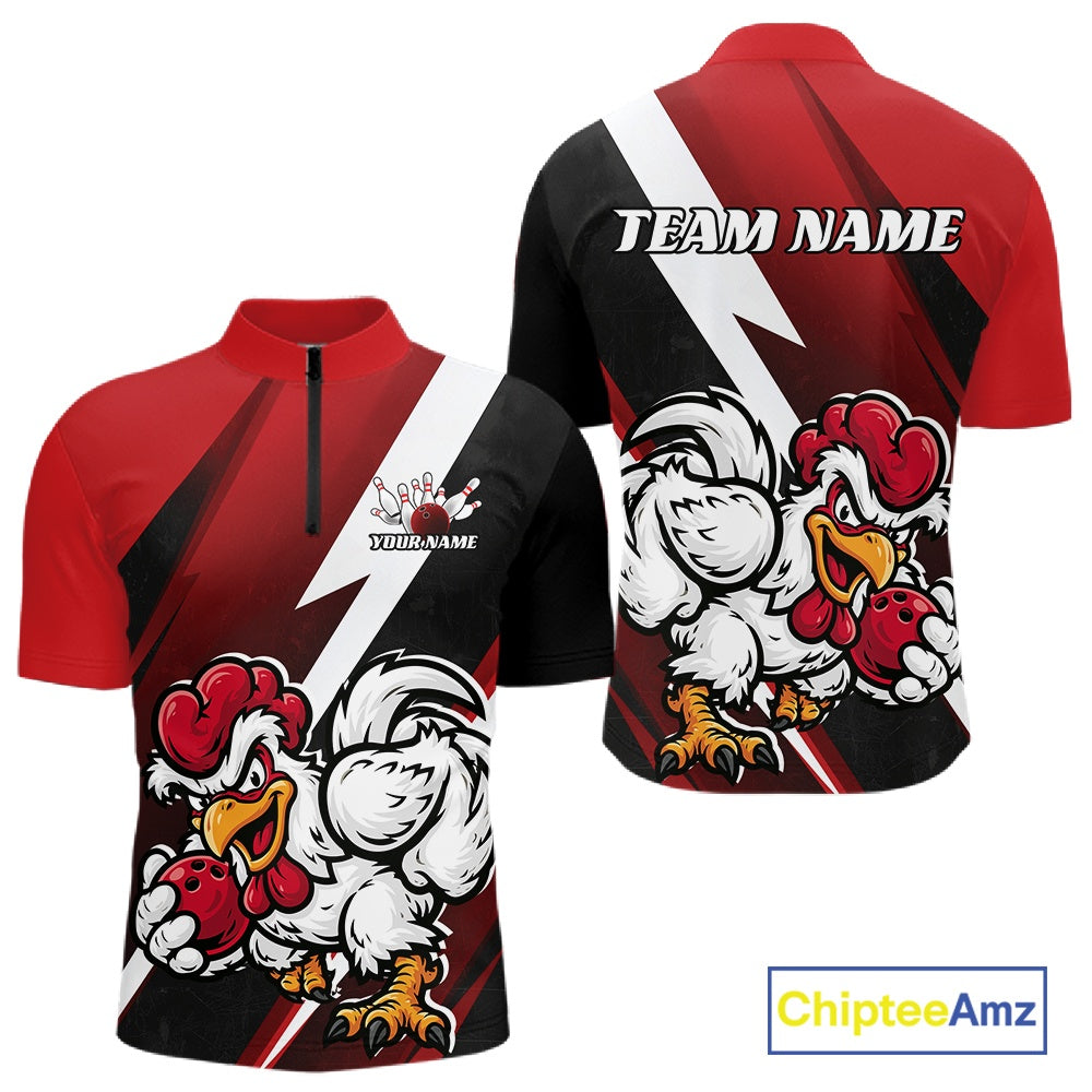 Custom short-sleeve athletic jersey shown from the front and back, featuring a red, black, and white graphic design with a cartoon rooster holding red bowling pins. The front has a mock neck and a short zipper, while the back displays 'TEAM NAME' text above the rooster graphic.