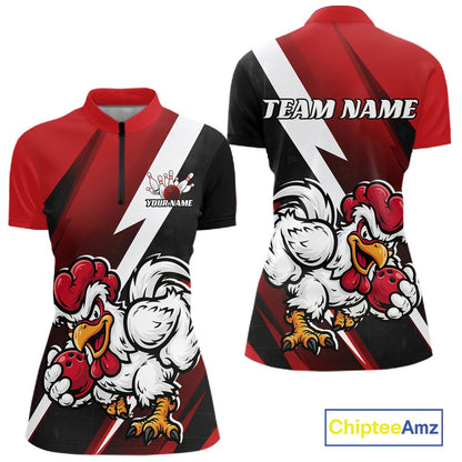 Front and back views of a short-sleeve athletic polo shirt with a red, black, and white graphic design featuring a cartoon rooster holding red balls. The front has a black zipper at the collar, a small custom logo area, and the back has 'TEAM NAME' printed across the shoulders.