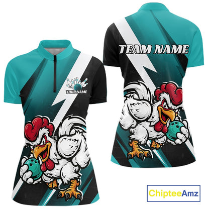 Front and back views of a short-sleeve athletic polo shirt with a teal, black, and white geometric design, featuring a cartoon rooster mascot holding a bowling ball and customizable text areas.