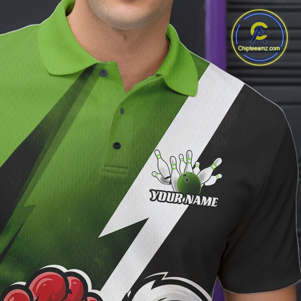 A close-up of a custom printed short-sleeve polo shirt worn by a model. The shirt features a diagonal split design with green on the left and black on the right, divided by a white lightning bolt.