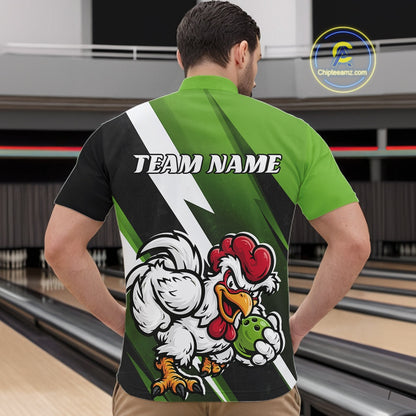 A man viewed from behind wearing a custom-designed bowling shirt with a green and black graphic, a white lightning bolt, and a cartoon rooster mascot holding a bowling ball. The back of the shirt features the placeholder text 'TEAM NAME'.
