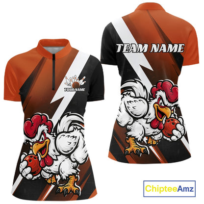 Front and back views of a short-sleeve athletic jersey with a cartoon rooster mascot design, orange and black gradient body, white lightning bolt graphics, and customizable text areas including 'TEAM NAME' and 'YOUR NAME'.