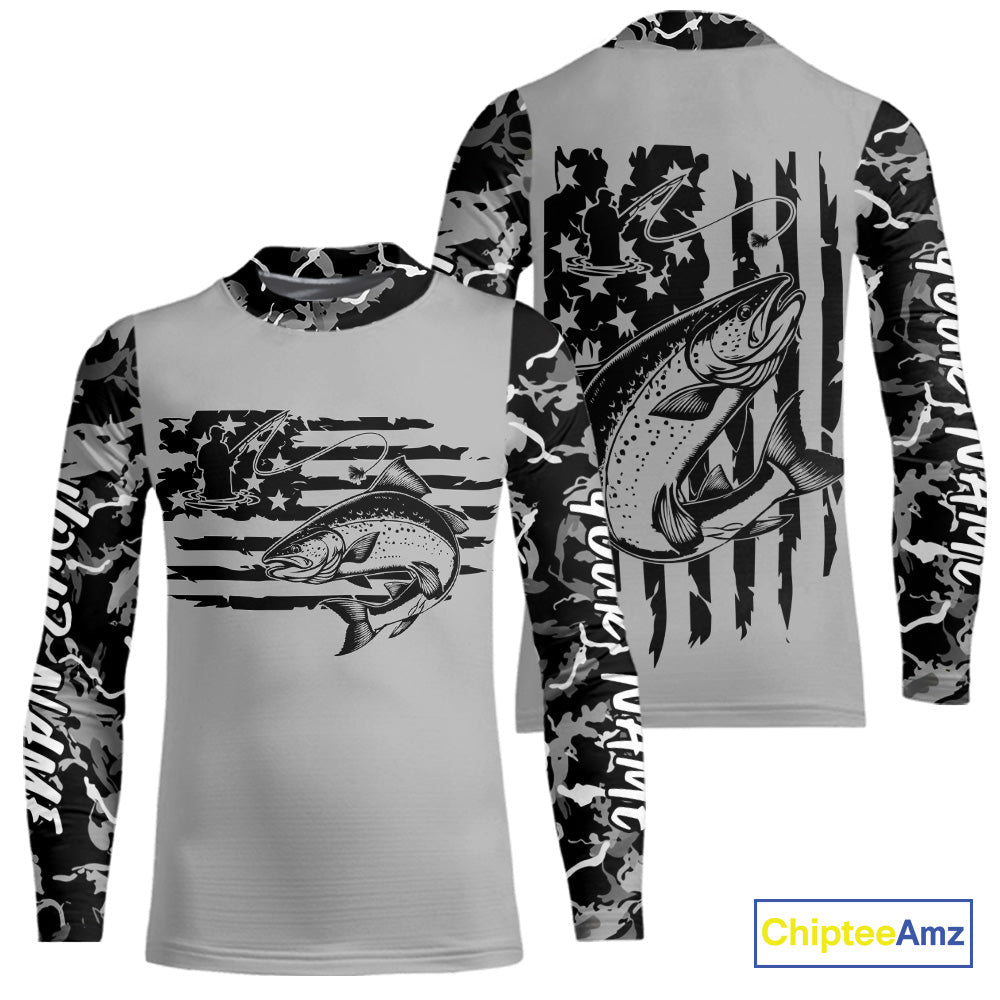 Custom Gray Camo US Flag Patriotic Salmon Fishing Kid Long Sleeve Tournament Fishing Shirts IPHW9672