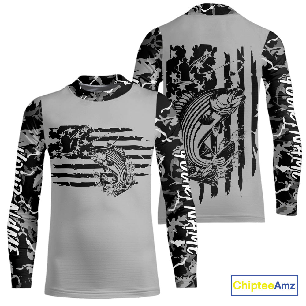 Custom Gray Camo US Flag Patriotic Striped Bass Fishing Kid Long Sleeve Tournament Fishing Shirts IPHW9673