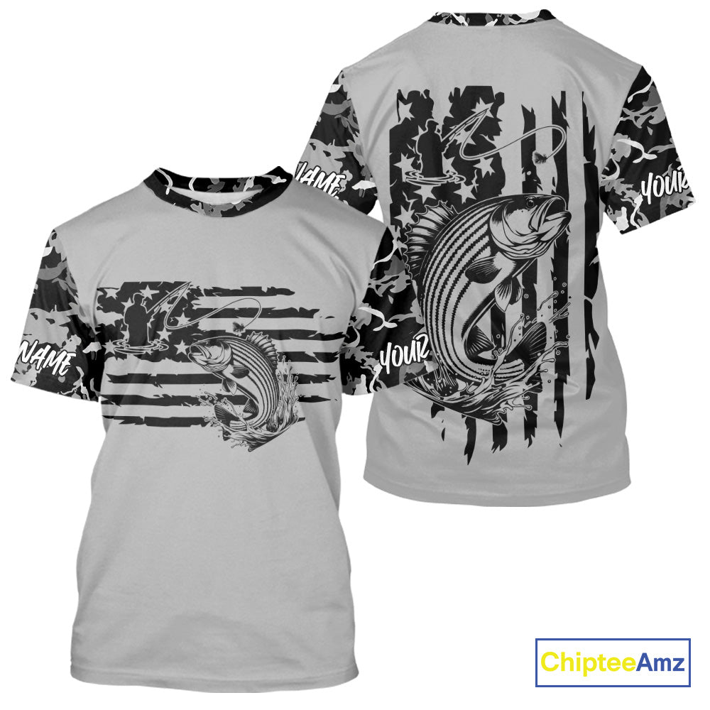 Custom Gray Camo US Flag Patriotic Striped Bass Fishing Tournament Fishing T-Shirts IPHW9673