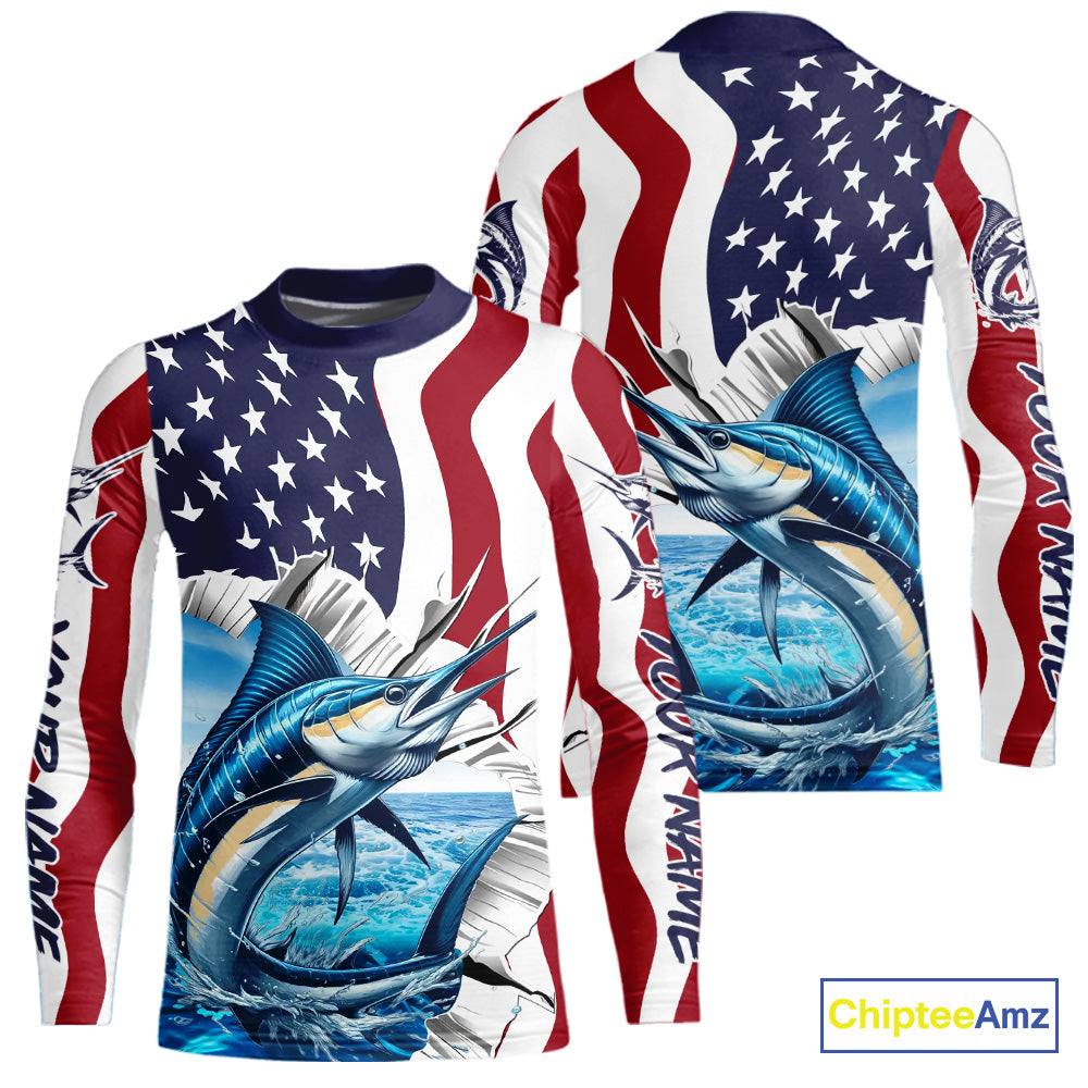 Custom Patriotic US Flag Marlin Kid Long Sleeve Performance Fishing Shirt, Marlin Fishing Jersey IPHW9675