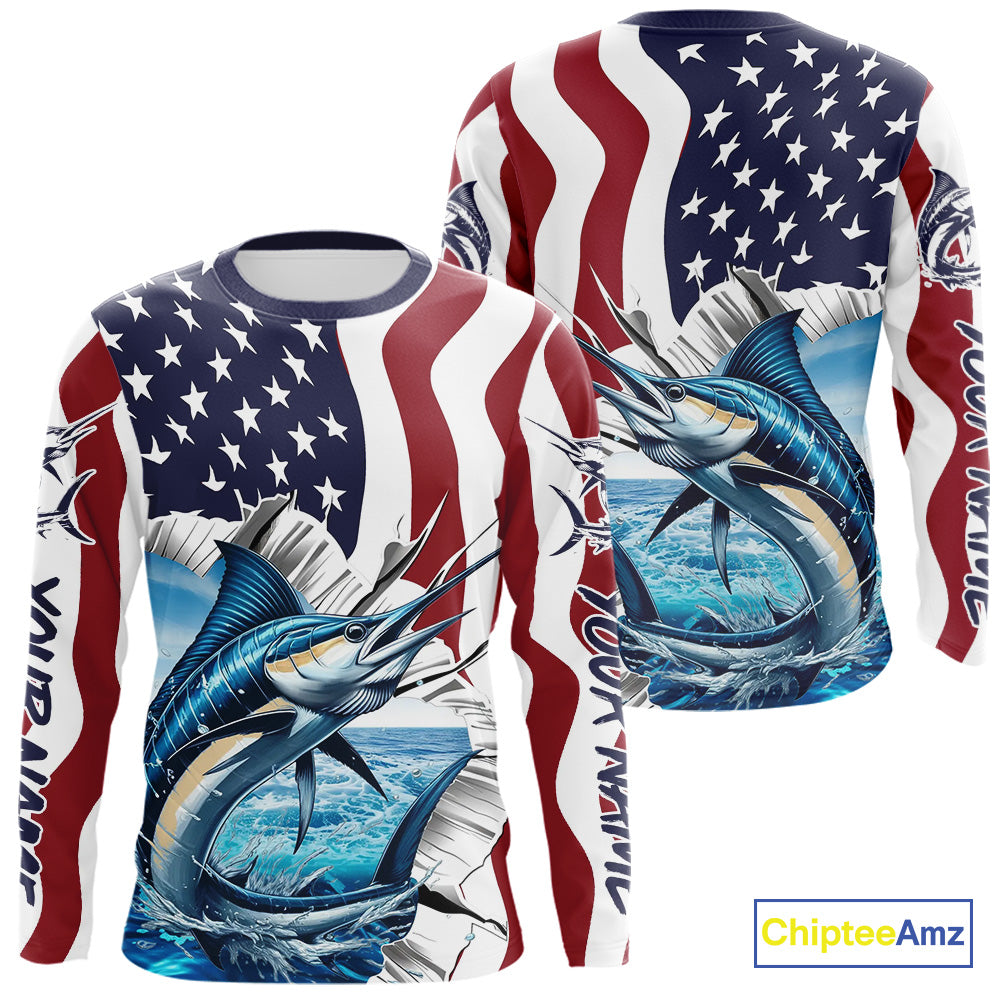 Custom Patriotic US Flag Marlin Long Sleeve Performance Fishing Shirt, Marlin Fishing Jersey IPHW9675