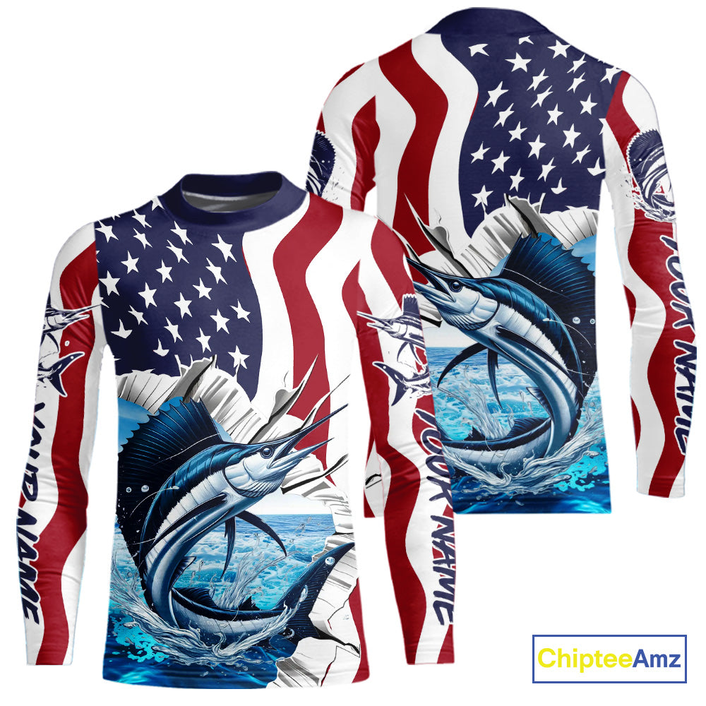 Custom Patriotic US Flag Sailfish Kid Long Sleeve Fishing Shirt, Sailfish Fishing Jersey IPHW9676