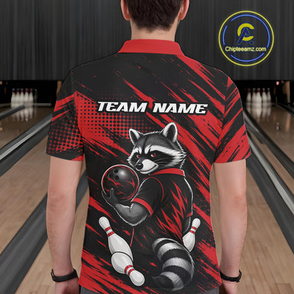 A person viewed from behind wearing a short-sleeve bowling-themed polo shirt with a raccoon graphic and the text 'TEAM NAME' on the back. The shirt has a black and red brush-stroke design with white accents.