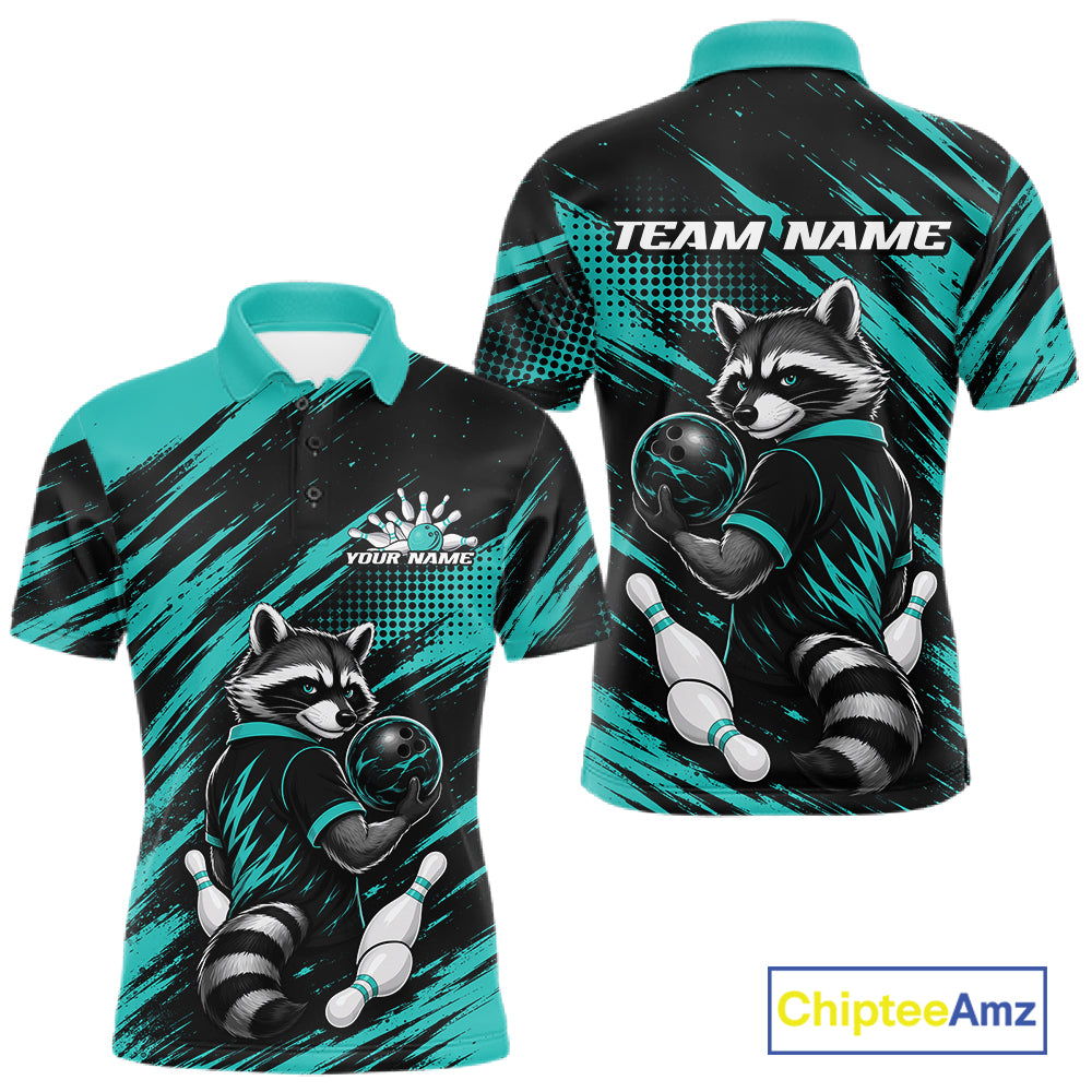 Front and back views of a short-sleeve polo shirt featuring a raccoon bowling graphic in black, teal, and white, with customizable text placeholders 'TEAM NAME' and 'YOUR NAME'. 