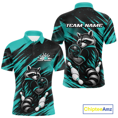 Front and back views of a short-sleeve polo shirt featuring a raccoon bowling graphic in black, teal, and white, with customizable text placeholders 'TEAM NAME' and 'YOUR NAME'. 