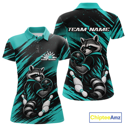 Front and back views of a womens short-sleeve polo shirt featuring a raccoon bowling graphic in teal, black, and white, with customizable text areas on the chest and back
