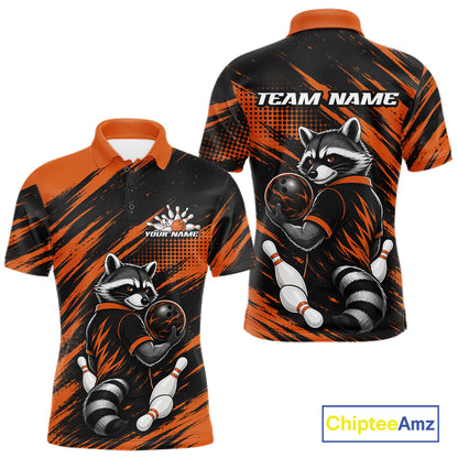 Front and back views of a custom short-sleeve polo shirt featuring an all-over raccoon bowling graphic in orange, black, and white, with customizable text placeholders 'TEAM NAME' and 'YOUR NAME'.