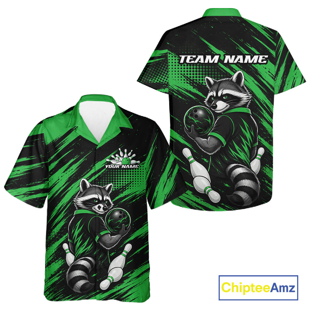 Custom short-sleeve bowling button up shirt shown in front and back views. The design features a raccoon bowling with green and black brushstroke patterns, customizable text 'TEAM NAME' on the back, and 'YOUR NAME' on the front.